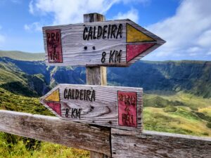 Cabeço Gordo view of the Caldeira on Faial Island, Azores and indication of hiking trails