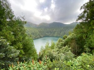 Crater of an inactive volcano filled with water in Flores Island in the Azores