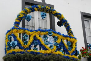 balcony decorated for the festival of São João on Flores Island in the Azores 