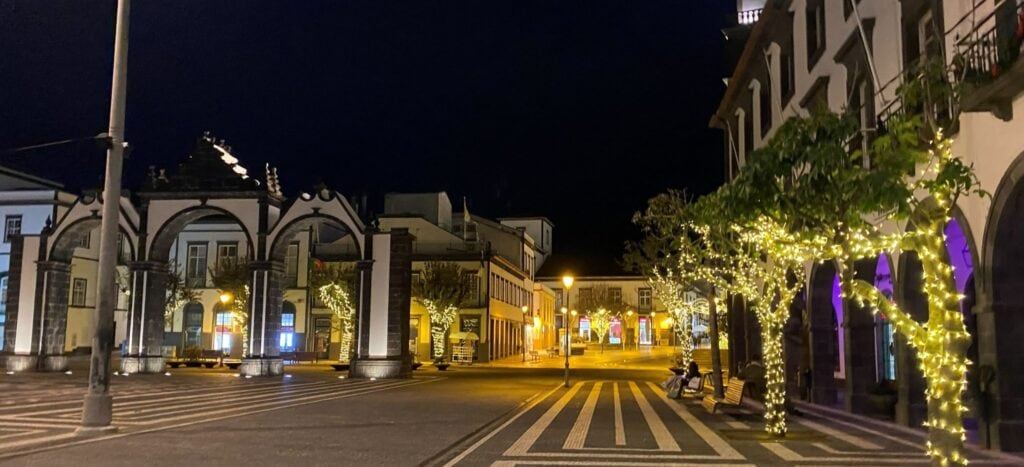 Evening view of Ponta Delgada Portas da Cidade square on São Miguel Island, Azores